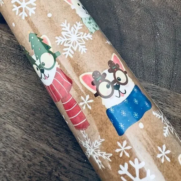 Christmas Frenchie Dogs in Glasses Snowflakes Tan Gift Wrap Wrapping Paper Roll
