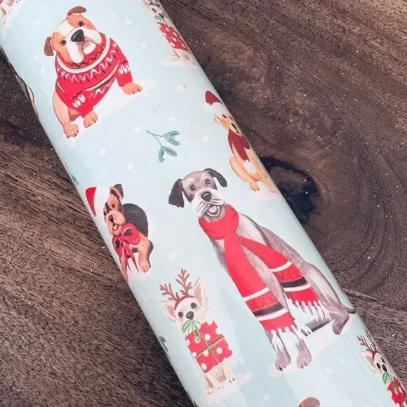 Christmas Holiday Dog Print Blue Gift Wrap Wrapping Paper Roll