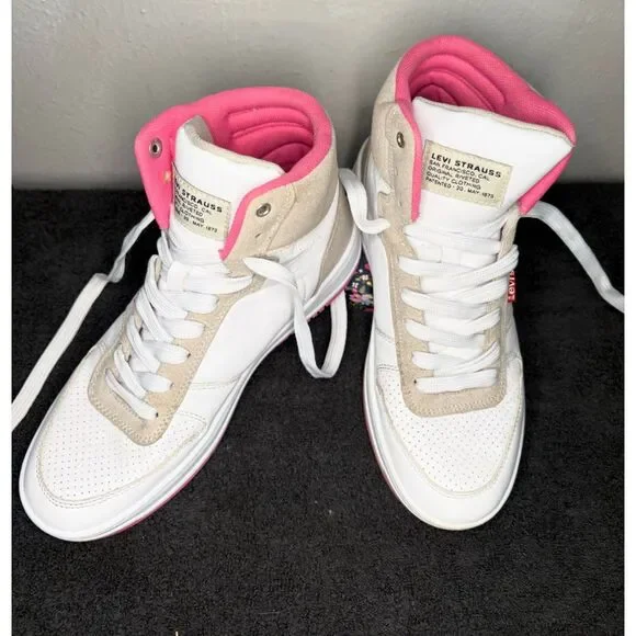 Levi's Girl's High Top Sneakers White Beige Pink Retro Lace Up Casual Shoes