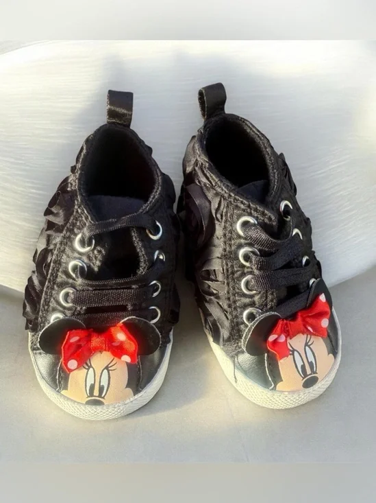 Disney Minnie Mouse Baby Soft Crib Shoes Hightop Sneakers Red Black Bow 6-9 mos