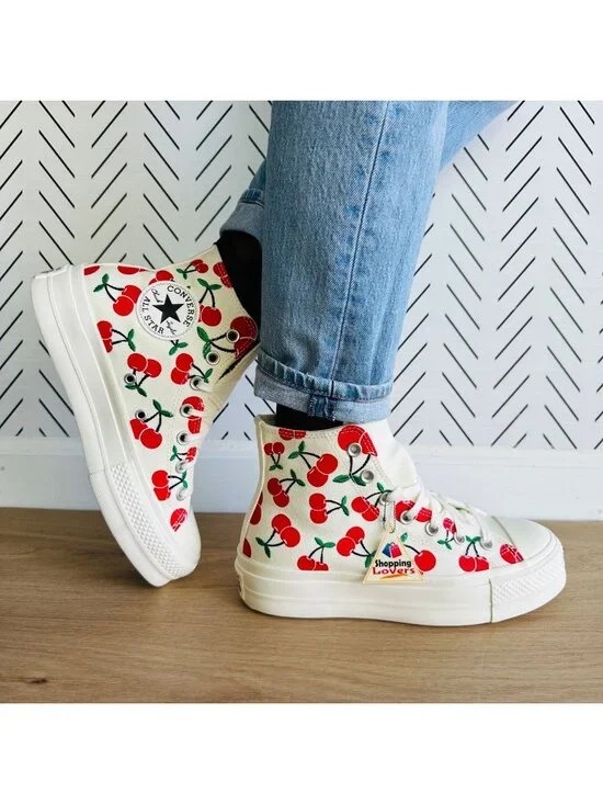 ⭐Converse Ctas Lift Platform Cherries Sz 7 Women Shoes Egret Red Sneaker A08096C