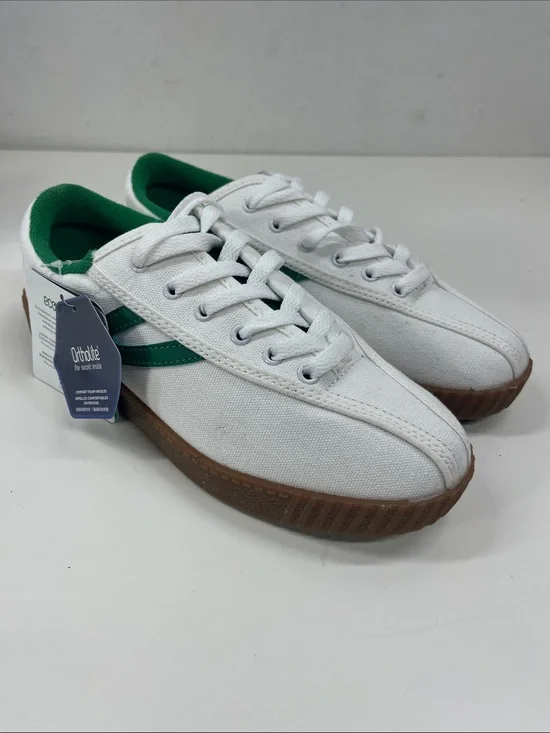 Tretorn White and Green Canvas Sneakers with Gum Sole