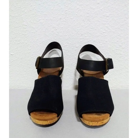 Toms Black Canvas and Cork Wedge Sandals with Ankle Strap