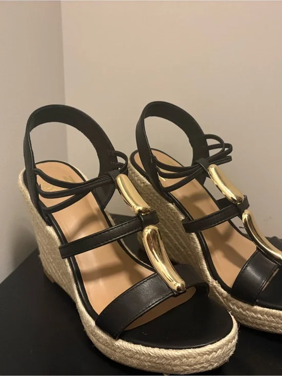 NYC Madden Black Wedge Sandals with Gold Accents - Women