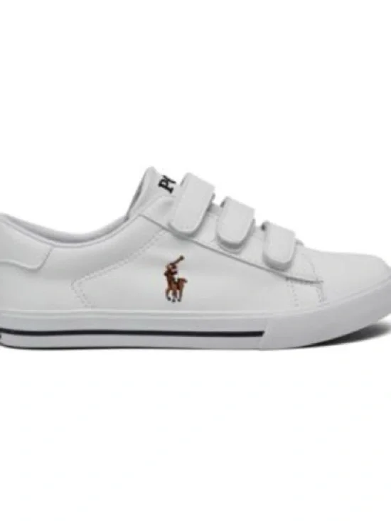 Polo by Ralph Lauren White Kids Velcro Sneakers with Navy Trim