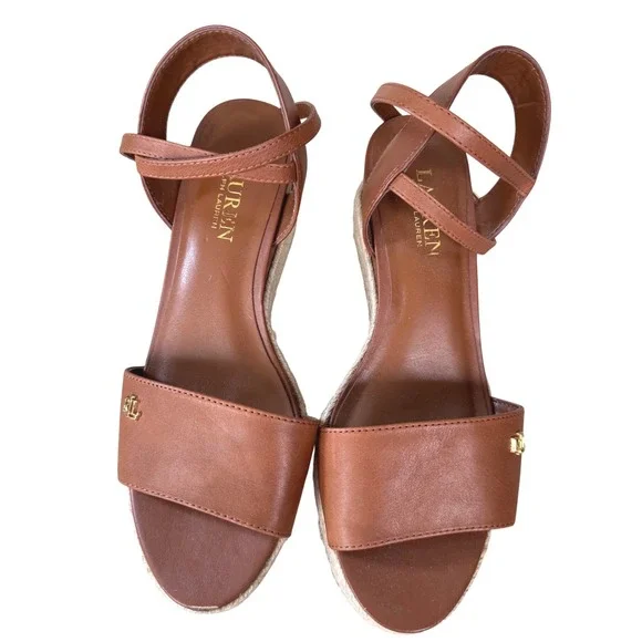 Lauren Ralph Lauren Delores Espadrille‎ Wedge Sandals Brown Leather 7B
