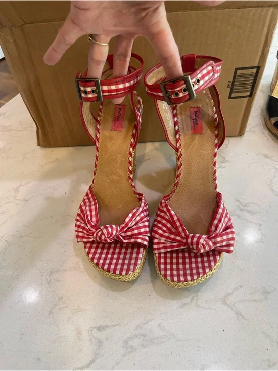 Red Gingham Ankle-Strap Wedge Sandals with Knot Accent