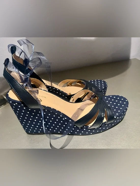 Taylor Navy Polka Dot Wedge Sandals with Clear Ankle Ties