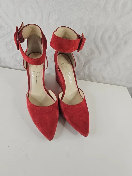 Jessica Simpson Red Suede Ankle-Strap Pointed-Toe Heels -