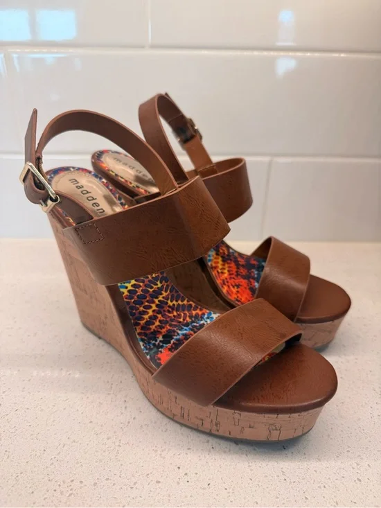 Madden Girl Element Brown Cork-Style Platform Wedge Sandals Size 7