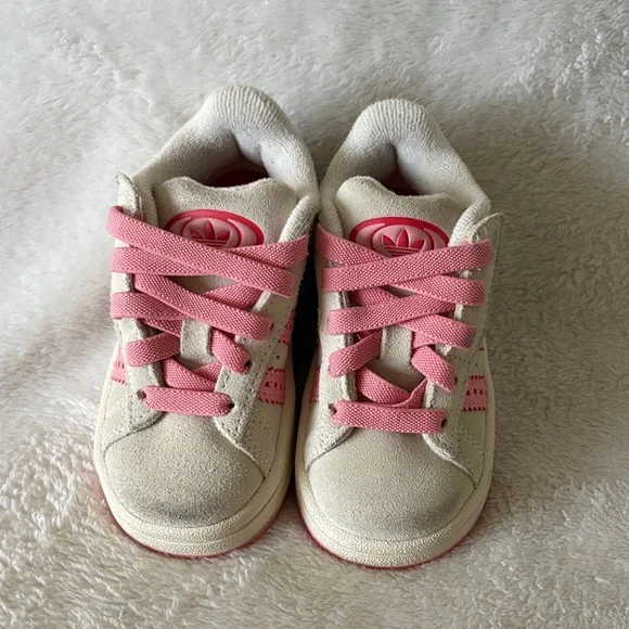 adidas Kids Cream Suede Sneakers with Pink Accents