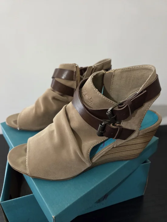 Beige and Brown Peep-Toe Wedge Sandals - Blowfish