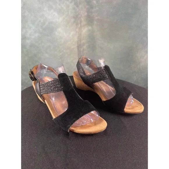 Vionic Kaytie Black Suede Leather Cork Wedge Slingback Sandals‎ Womens 8