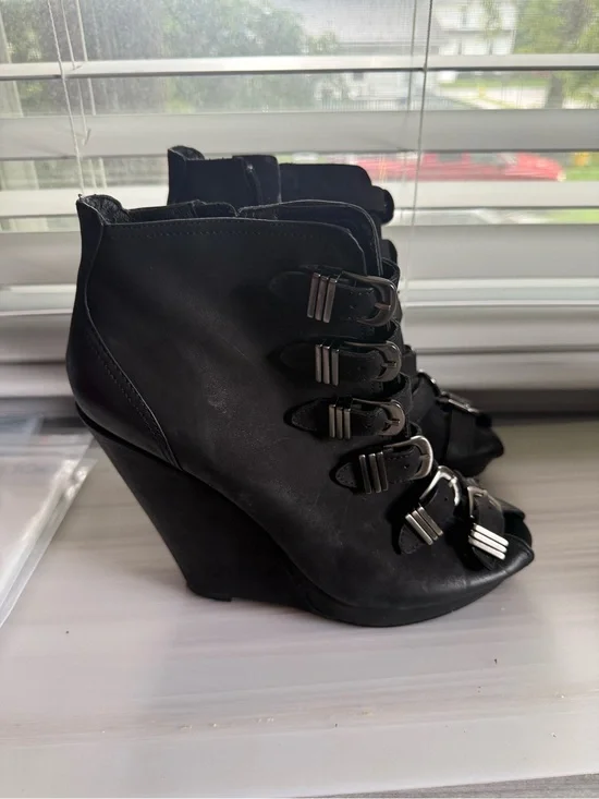 Trouve Black Peep-Toe Wedge Booties with Buckle Straps