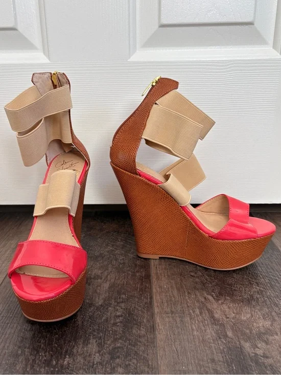 Colin Stuart Coral and Tan High Wedge Sandals