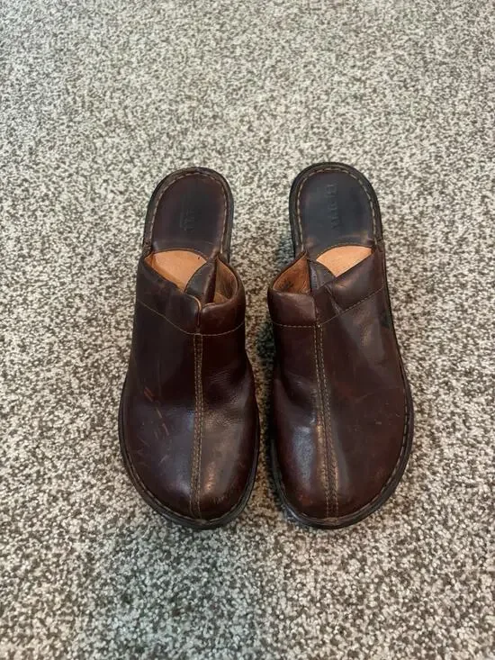 Born Clogs Womens 8 Mule Wedge Shoes Brown Leather Slip On Handcrafted