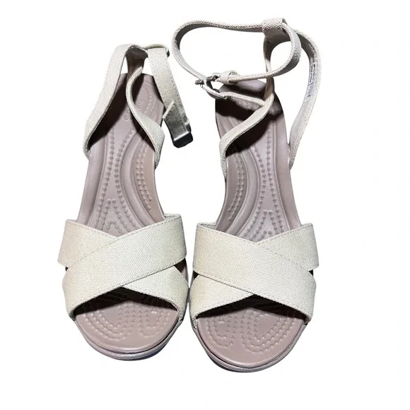 Crocs Leigh II Ankle Strap Wedge Sandals Oatmeal Mushroom Canvas Womens 5