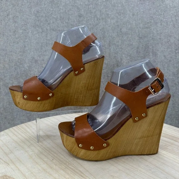 Seychelles Ciao Wedge Sandals Womens 8.5 Brown Leather Wood Platform Studded