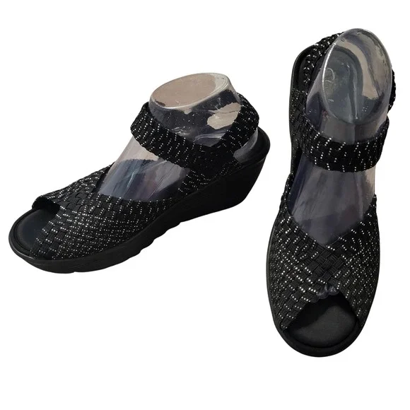 Skechers Cali Weave Wedge Black Silver Woven Memory Foam Sandals size 10 Comfort