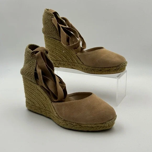 Aldo Espadrille Wedge Sandals Womens 8.5 Tan‎ Suede Ankle Tie Boho Summer Chic