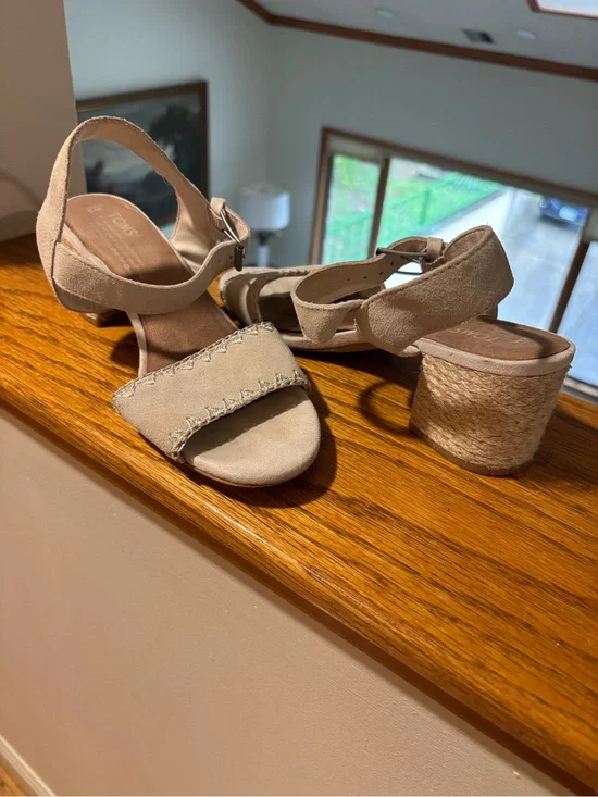 TOMS Beige Suede Espadrille Block Heel Sandals
