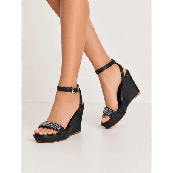 Dena Pavone Wedge Sandals Women Black Rhinestone Italian‎ Luxury Glam Disco
