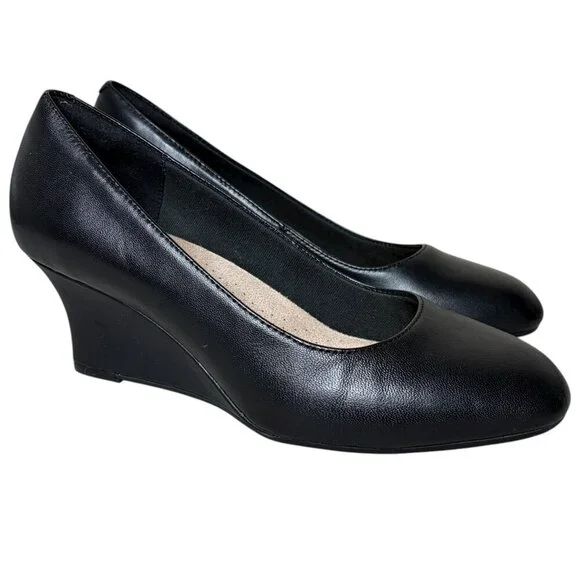 Clarks Olivette Pearl Wedge Pumps Womens 8.5 M Black Leather Comfort Shoes Pump