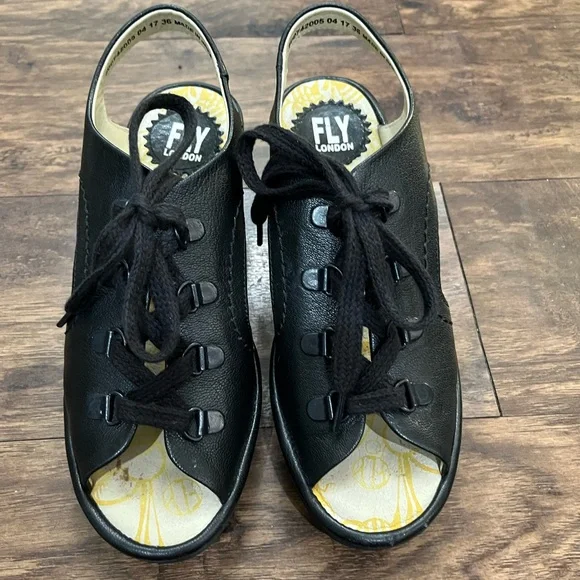 FLY LONDON Ylva‎ Black Lace Up Wedge Sandal Size 36