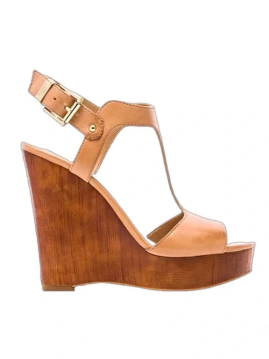 Vince Camuto Mathis Tan Brown Leather Wedge Sandal Heels Shoes - Size 9.5