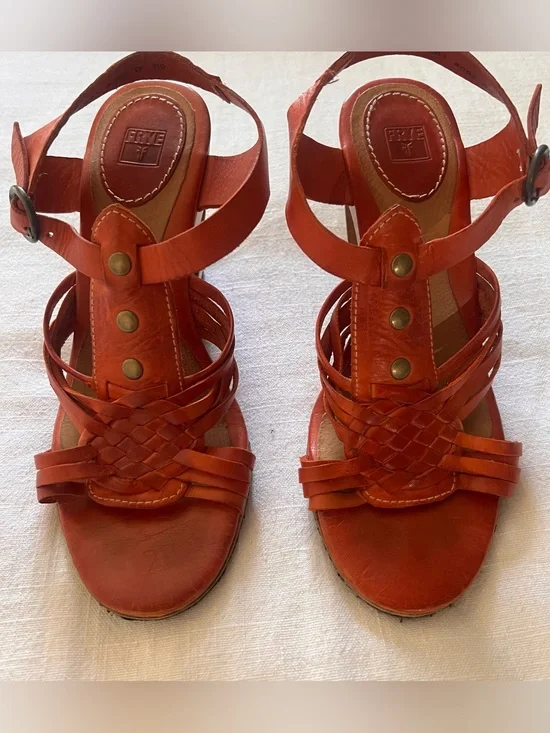 Frye Gabriella Orange Leather Wooden Wedge Sandals - Size 8