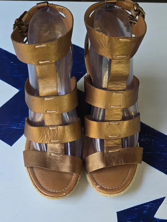 Fossil Bronze Leather Gladiator Strappy Espadrille Wedge Size 8.5