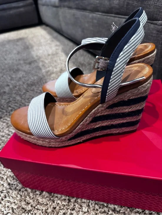 Kelly and Katie. Navy and White striped wedges