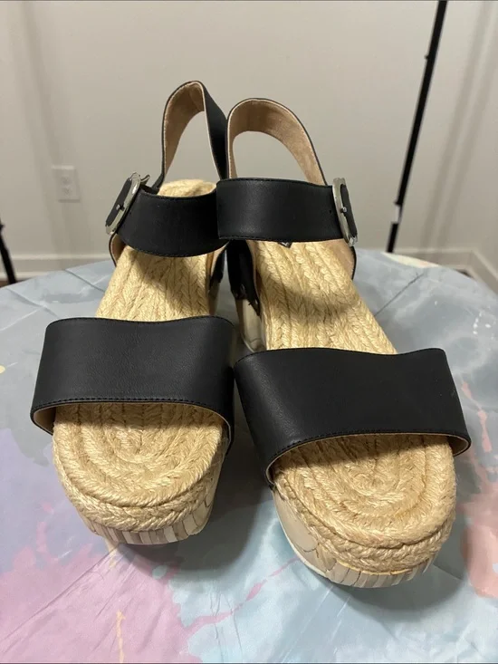 John Fluevog Black Leather Espadrille Wedge Sandals
