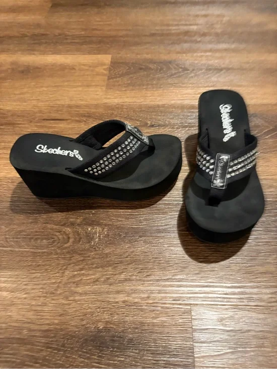 Skechers Black Wedge Sandals with Crystal-Studded Straps