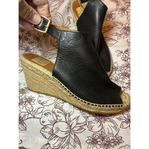 Kanna Spain Black Leather Espadrille Wedge Sandals Slingback Peep Toe Size 38