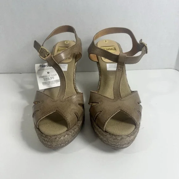 KANNA Women Brown Leather T-Strap Espadrille Wedge Sandals KV1519 Size 9 EU 39