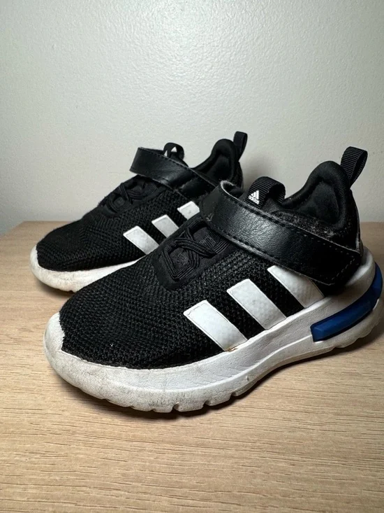 adidas Toddler  Black and White Hook-and-Loop Sneakers with Blue Accent