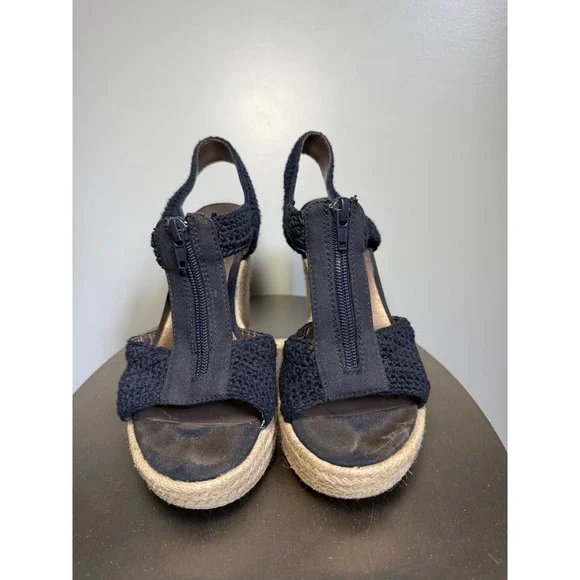 Moda Spana Navy Blue Crochet Espadrille Wedge Sandals T-Strap Zip‎ 6.5M