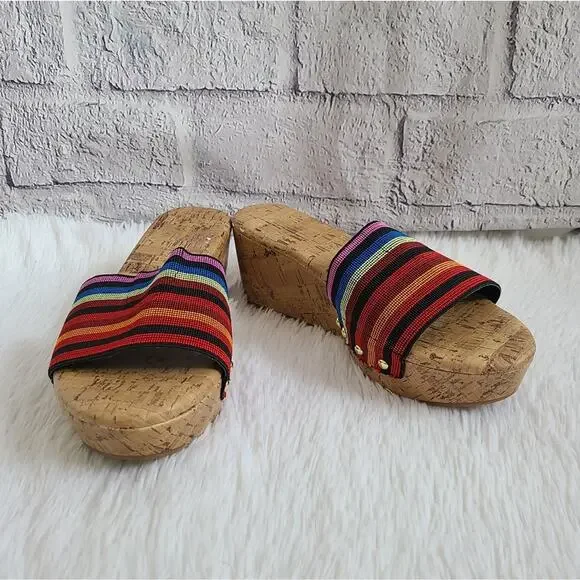Avenue Greta Y2K Colorful Cork Wedge Heeled Flip Flops‎ Size 10W