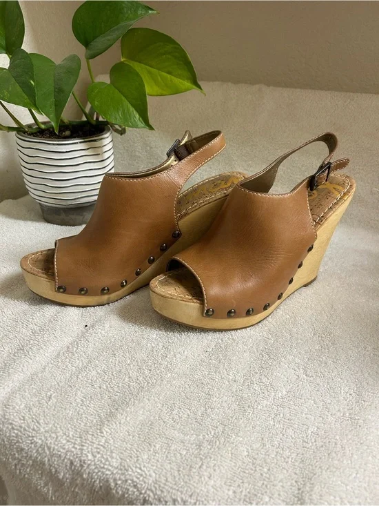 Sam Edelman Tan Leather Studded Slingback Wedge Sandals
