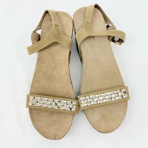 Antica Cuoieria Tan Suede Rhinestone Sparkle Open Toe Cork Wedge Sandals