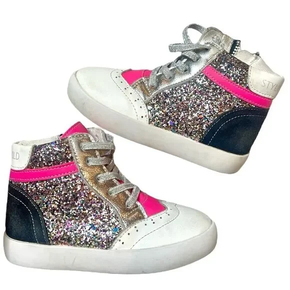 Style Child Ella High Top Sneakers Pink White &‎ Black Glitter Size EU 24 US 8