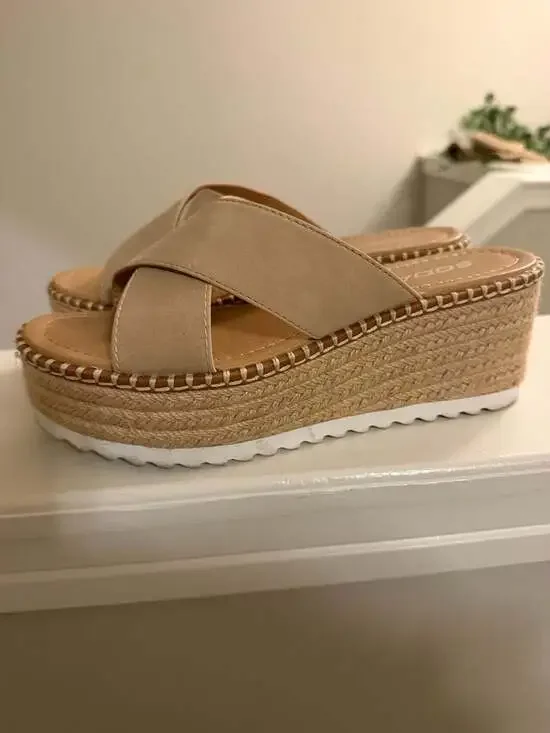Soda Women Beige Criss Cross Platform Espadrille Wedge Sandals