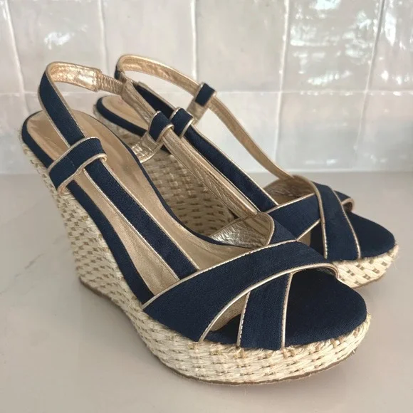 Lilly Pulitzer Ashley Wedge Sandal Women 9 Navy Gold Espadrille Platform Canvas