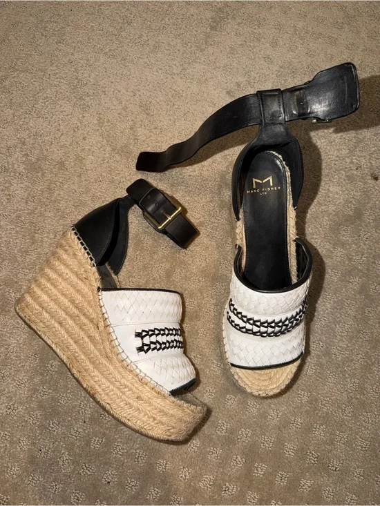 Marc Fisher White and Black Leather Espadrille Wedge Sandals