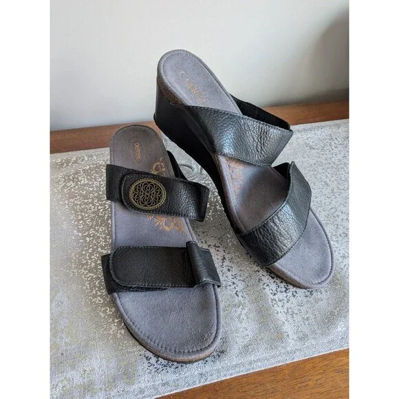 Aetrex Marilyn Womens US 10.5-11 EU 42 Shoes Black Leather Wedge Sandals Comfy