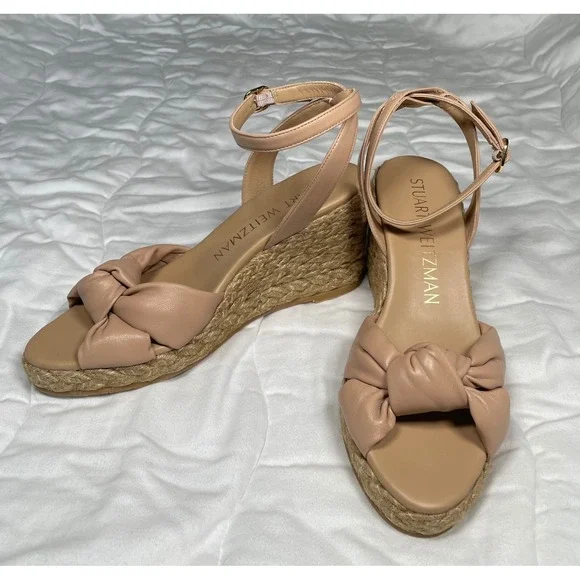 Stuart Weitzman Nude Leather Knot Espadrille Wedge Sandals 8B Made Spain w/ Bag