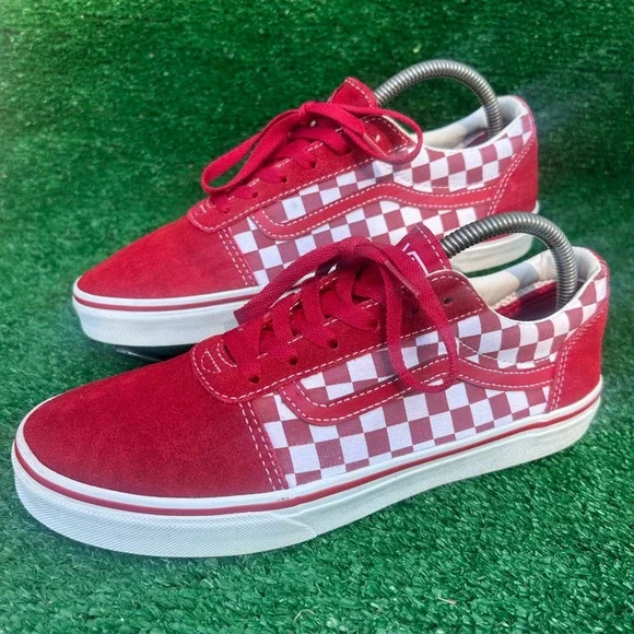 Vans Ward Kids Red White Checkerboard Suede Low Top Sneakers‎ Youth 7.0