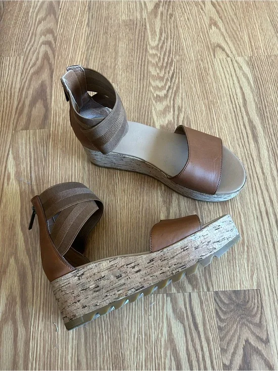 Sorel Cameron Brown Cork Wedge Sandals with Elastic Ankle Straps