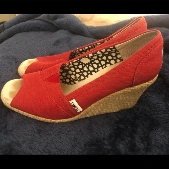 Toms Red Canvas Wedge Espadrilles